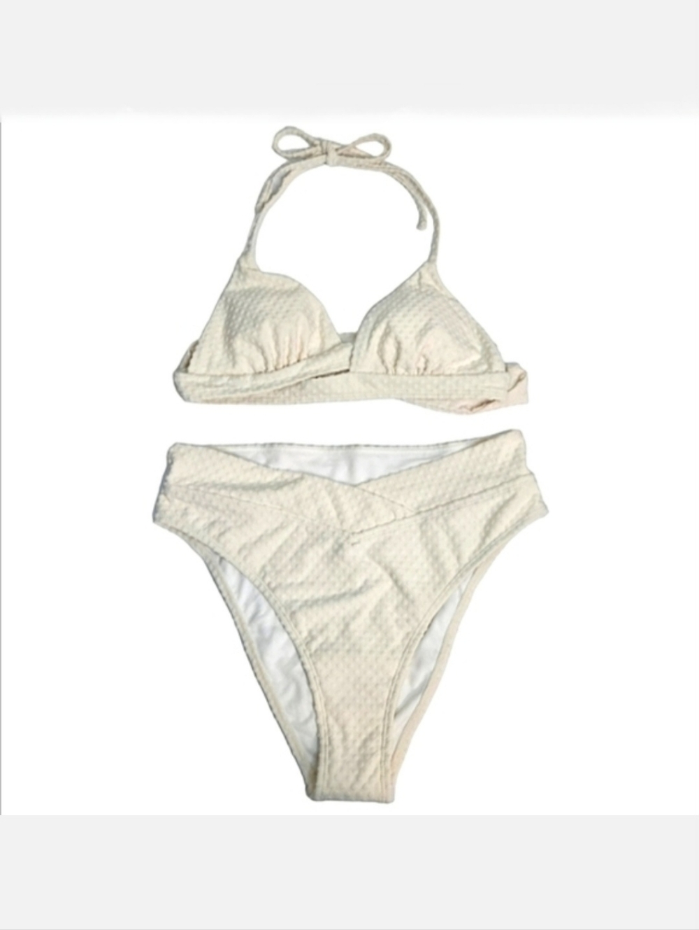 🌿 Cupshe Cream Textured Polka Dot Twist Halter High-Waist Bikini, Size M~NWT